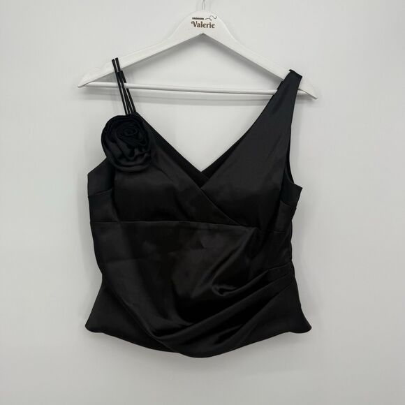 JS Boutique Black Satin Tank Top Formal Size Large Y2k Style Rosette - Picture 1 of 9